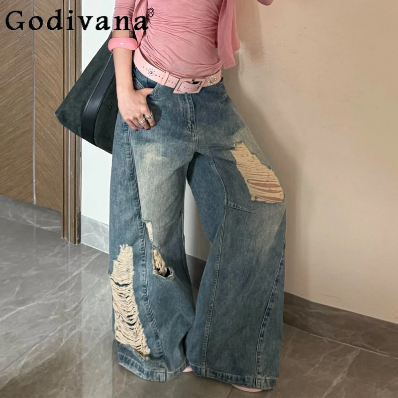 

Large Size 2XL-6XL Retro Blue Street Versatile Ripped Straight Jeans Spring Autumn Girls High Waist Fashion Blue Loose Trousers