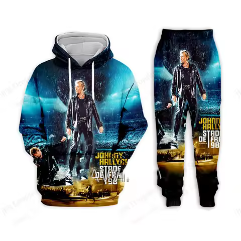 Two Piece Hoodie Pant Sets Popular Singer Johnny Hallyday 3d Print Set Men Women Fashion Hoodie+Pant 2Piece Set Sports Tracksuit