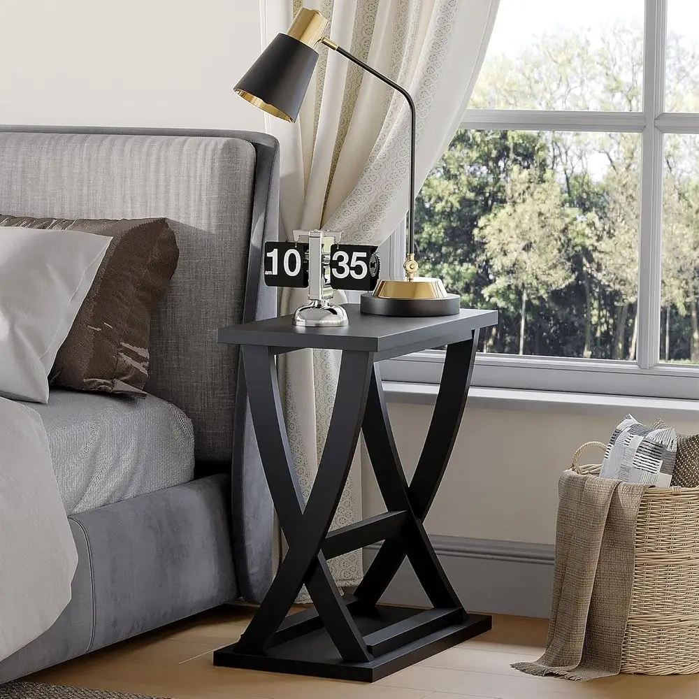 Mesa moderna com detalhes em X com prateleira, mesa lateral compacta de armazenamento para sala de estar, quarto e espaços pequenos