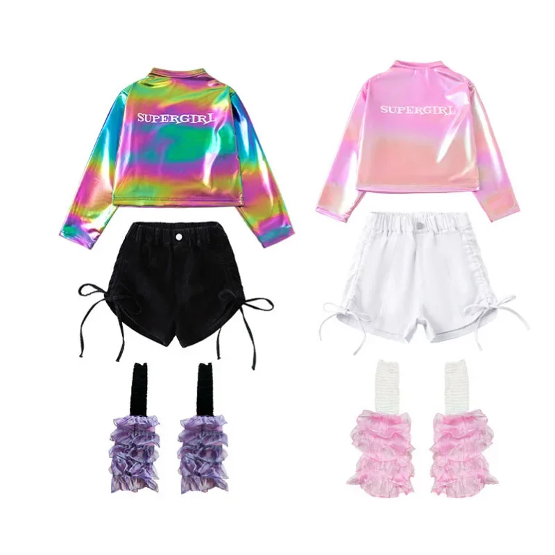 Mädchen K-pop Shiny Crop Top Street Dance Shorts Kinder Hip Hop Jazz Hot Pants Kleidung Sets Kinder Streetwear Mädchen gruppe Kostüm