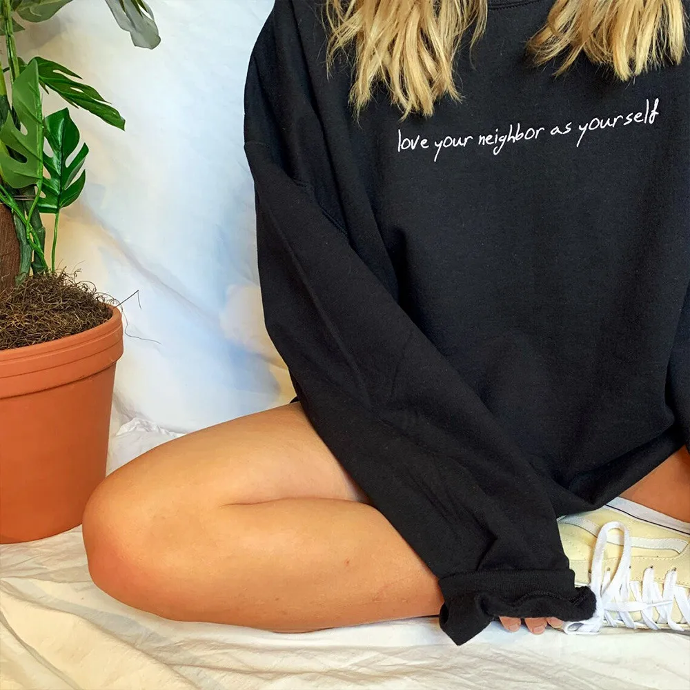 Love Your Neighbor As Yourself Letters Embroidered Casual Crewneck Sweatshirts Black Loose Thick Warm Long Sleeve Jumpers