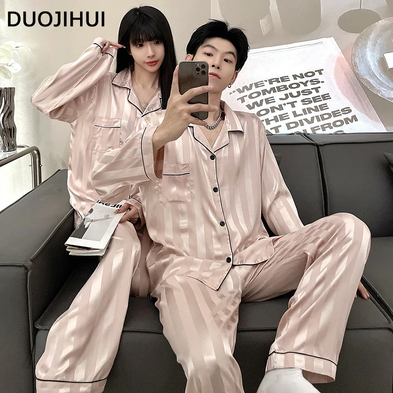 

DUOJIHUI Couple Clothes Solid Color Female Pajamas Set Chic Button Cardigan Simple Pant Loose Fashion 6-colors Pajamas for Women