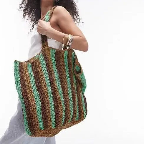 2025 nuevo bolso de paja bloqueado de Color para mujer, bolso de hombro de mano, bolso de playa tejido a mano, bolso de mano de gran capacidad