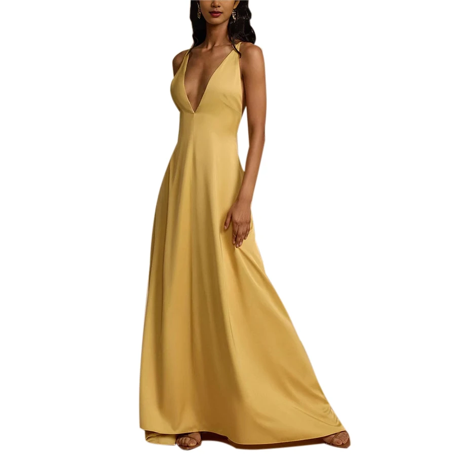 Mode soirée bal Maxi Robe été Satin dos nu longue Verstido élégant col en V profond femmes sans manches Robe de soirée Robe Sexy
