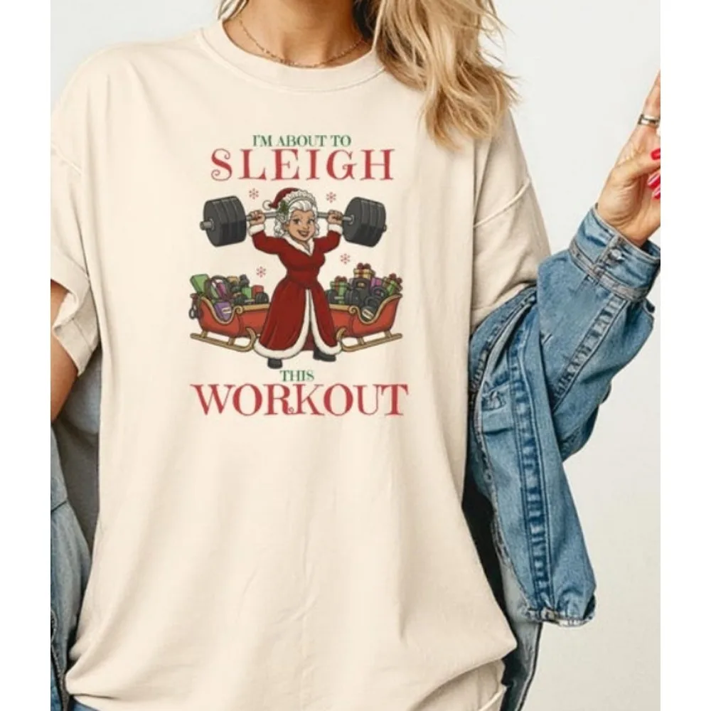 

Christmas Gym Shirt Mrs Claus Sleigh This Workout Comfort Colors Unisex Women Tee Funny Holiday Fitness Gift