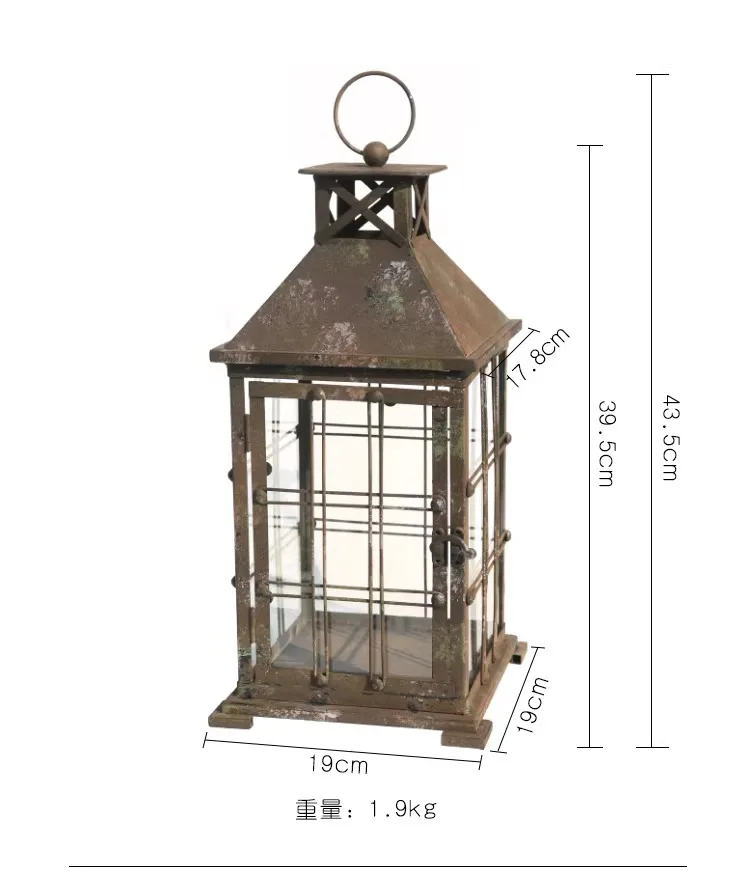Vintage Metal Lantern with Glass Panels, Rustic Grid Candle Holder, Outdoor Garden Lantern Decor, Hanging Table Light