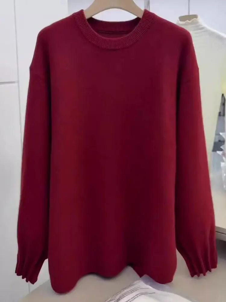 Sli Cisas Aosphere Suéter Camere Vermelho de Ano Novo Longo Sve Feminino de Malha Versátil Ele Commute Coreano S...