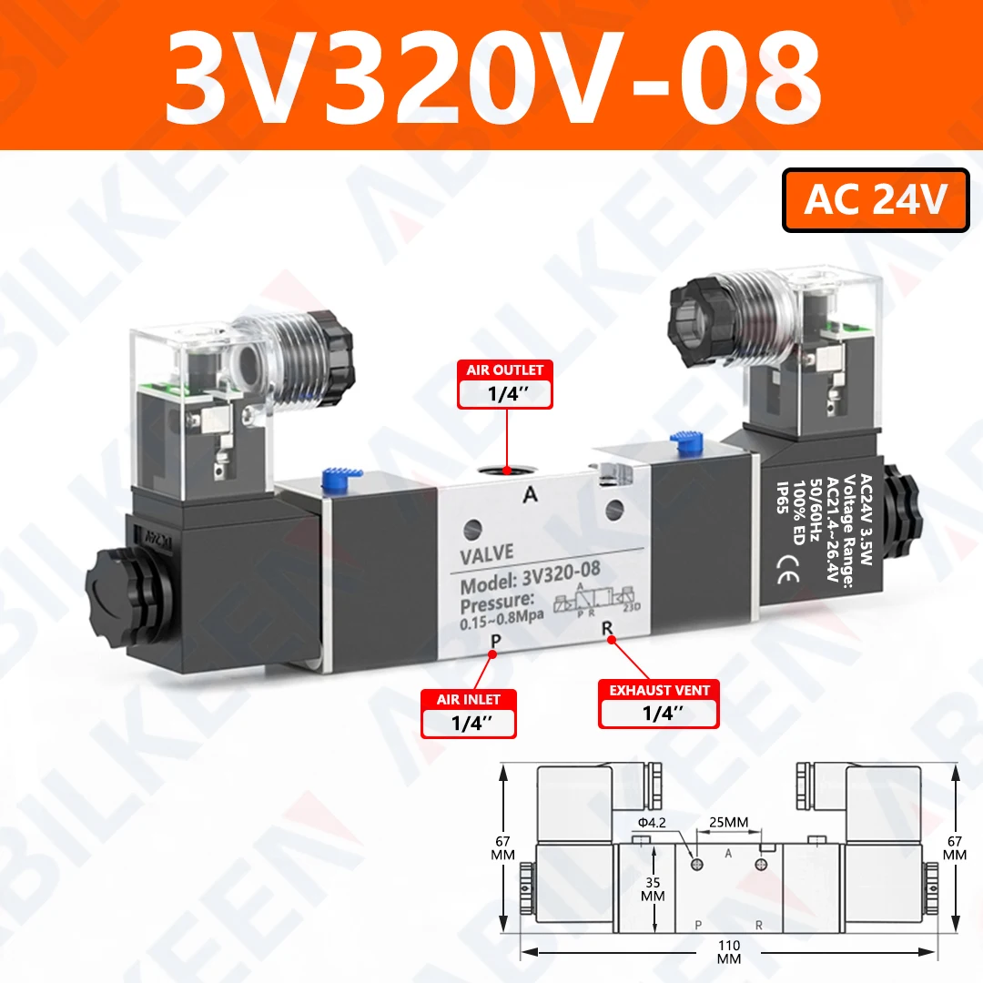 ABILKEEN 3V320-08/3V320-10 Air Solenoid Valves 3 Way 2 Position Dual Electrical Control Normally Closed Pneumatic Solenoid Valve