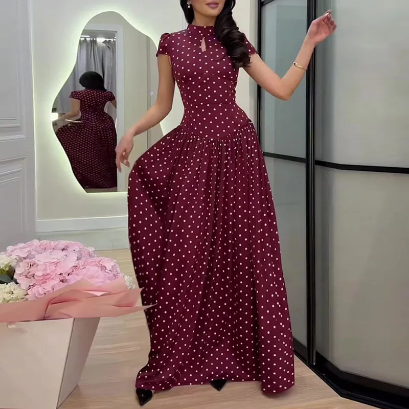 New Hollow Out Half High Collar Polka Dot Print Dress Summer Fashion Short Sleeve Slim Evening Dress Elegant Lady Commute Dress view 3