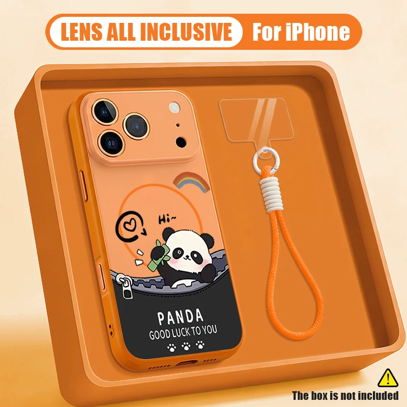 Cute Panda Printed Wrist Strap Phone Case For iPhone 17e 17 Pro Max 16 15 14 13 Pro Max 16e Magnetic Soft TPU Hard PC Back Cover