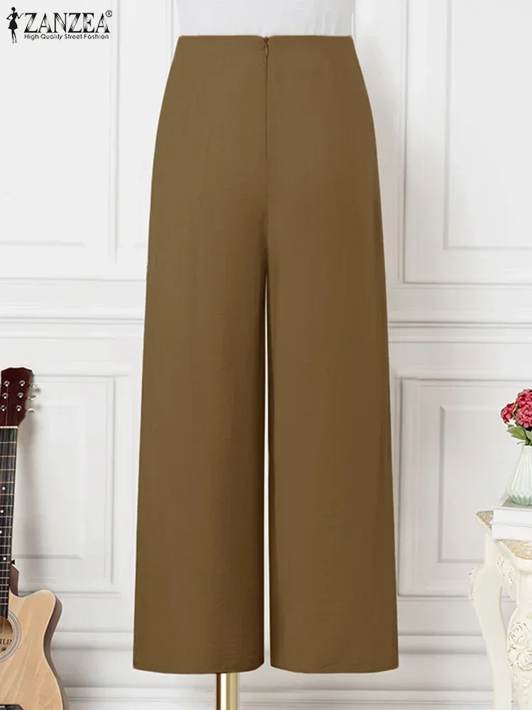 ZANZEA Pantaloni eleganti a gamba larga 2025 Pantaloni estivi da donna in tinta unita Pantaloni larghi casual con pieghe a vita alta