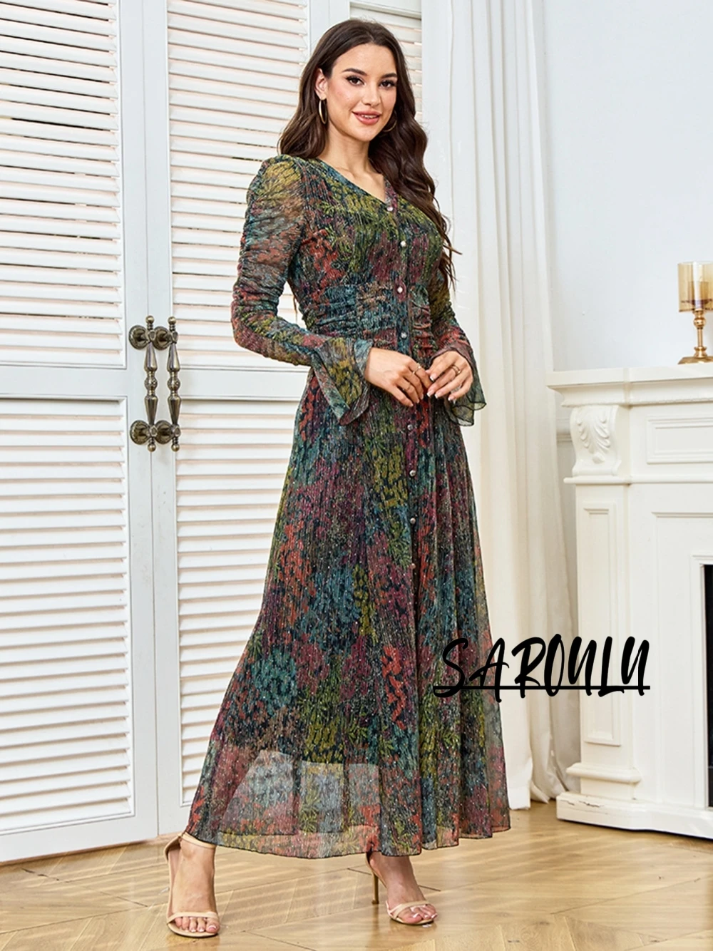 

Vintage Mixed Color Pleated Sparkle Maxi Evening Dress Women V Neck Ruched Waist Formal Occasion Bubble Sleeves Cocktail Gown