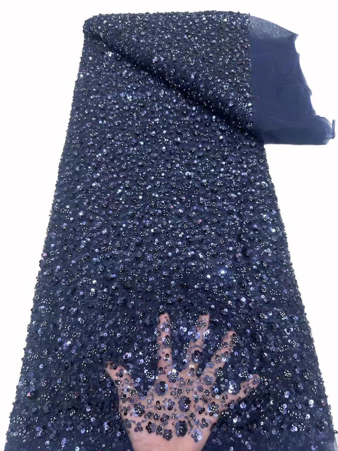 

New lace mesh full sequins bead tube embroidery fabric, African fashion runway stage dress dress fabrics