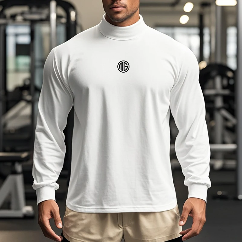 

Men's Turtleneck Running T-Shirts Autumn Cotton Oversized Dropped Shoulder Long Sleeve T Shirts Mens Loose Fitness Gym Clothing