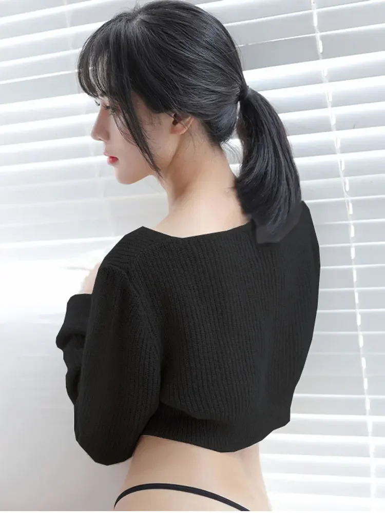 Sexy Low Cut Women Knitwear Korean Popular Pullovers Short Crop Tops Long Sleeve Sweater Fashion Woman Clothing