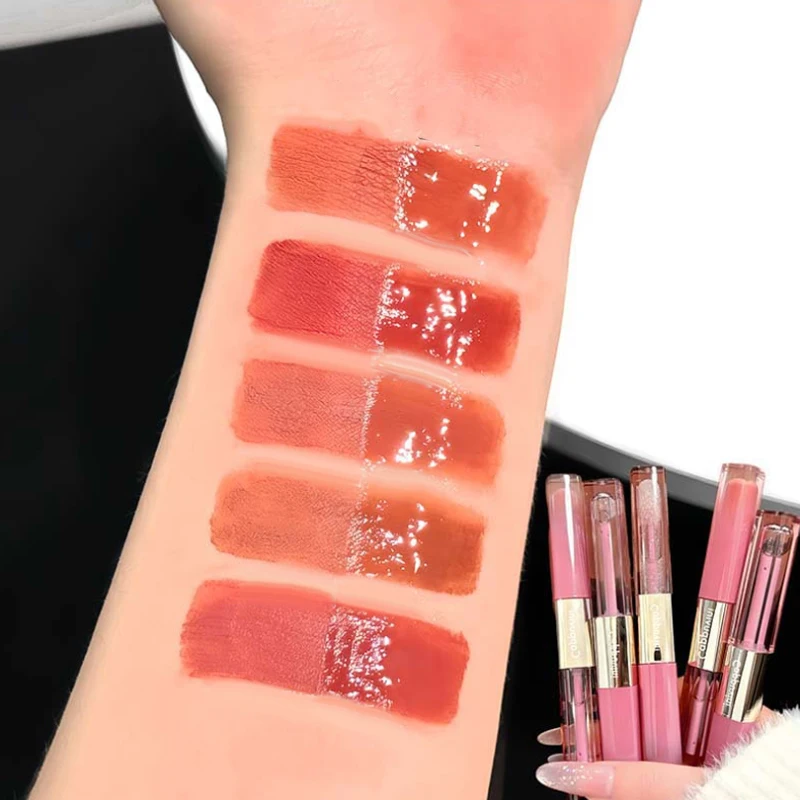 "1Pc Cappuvini Double Head Nude Mousse Lip Mud Velvet Matte Lipstick Mirror Lip Tint Water Gloss Raincoat Lip Oil Non Stick