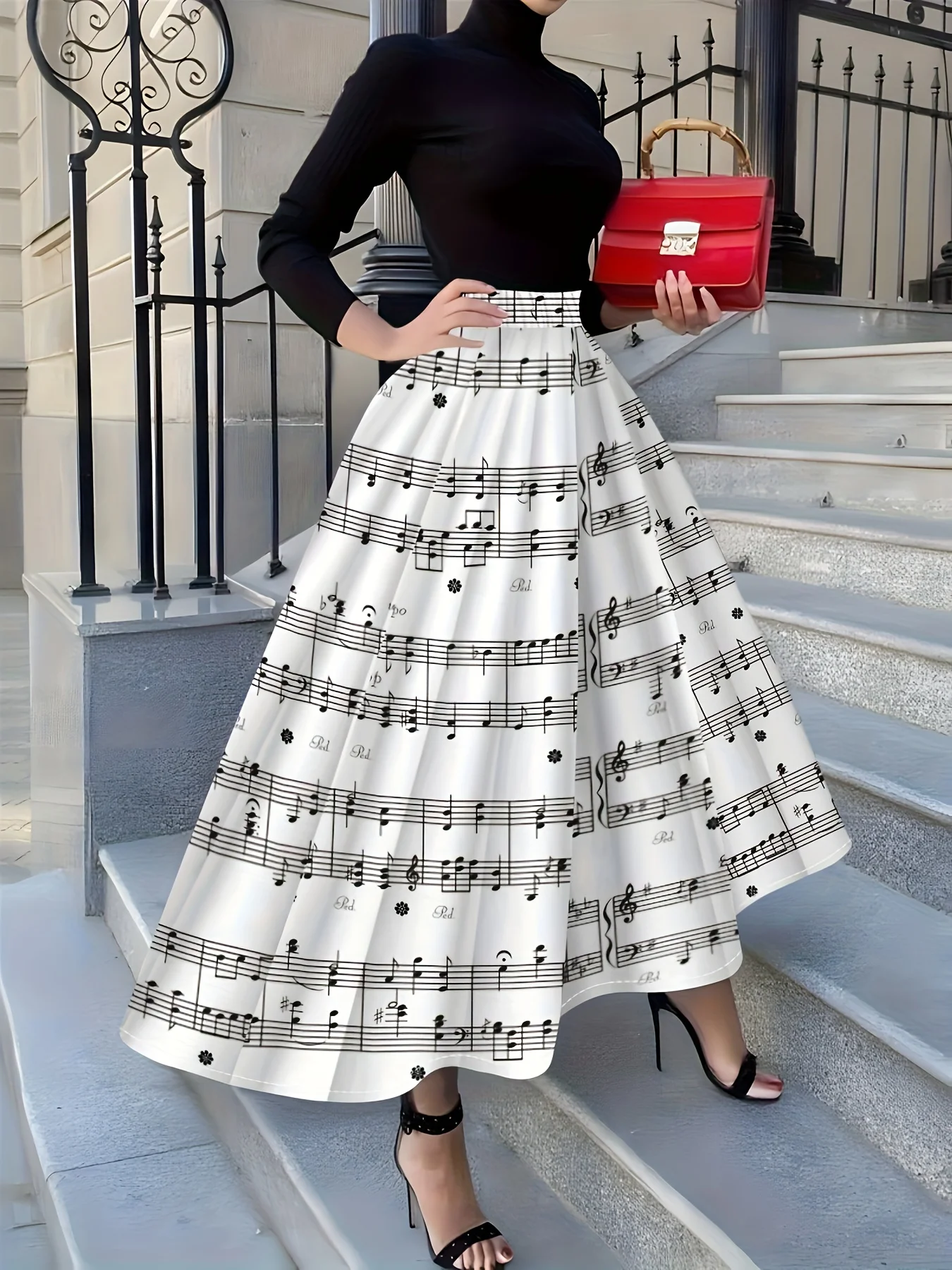 

Four Seasons leisure elegant black and white piano symbol printed design women's skirt.