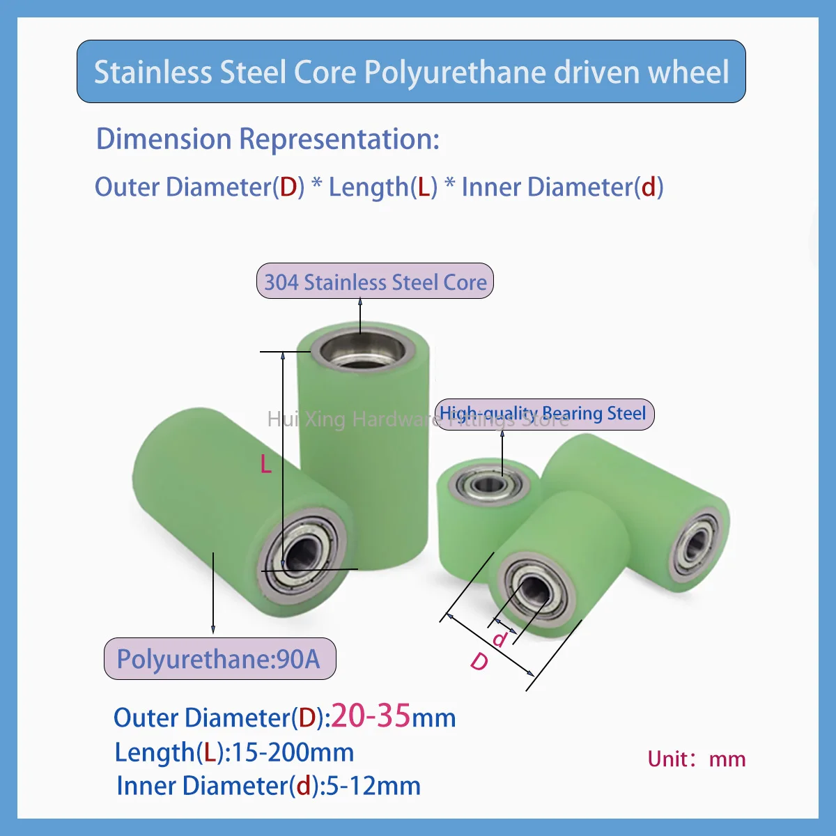 Stainless Steel Core Polyurethane 90A Driven Wheel/ Double Bearing Roller Non Powered Drum / Packaging Machine Conveyor Wheel