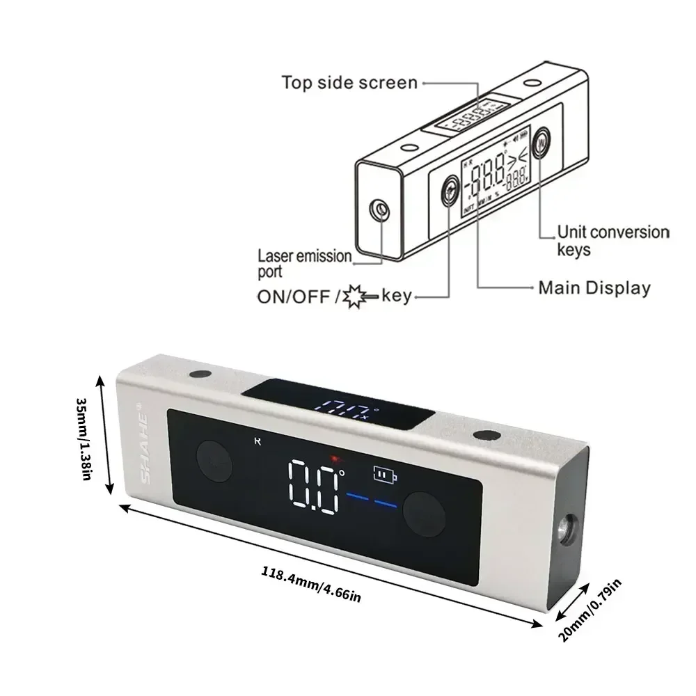 SHAHE Type-C Charging Laser Protractor Digital Inclinometer Angle Ruler Gauge Multifunctional Large LCD Screen Angle Finder