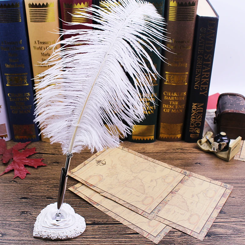 

Шариковая ручка FEATTY Quill со страусиными перьями + набор подставок для ручек с дизайном белого сердца, канцелярские принадлежности для письма, вечерние, свадебные принадлежности