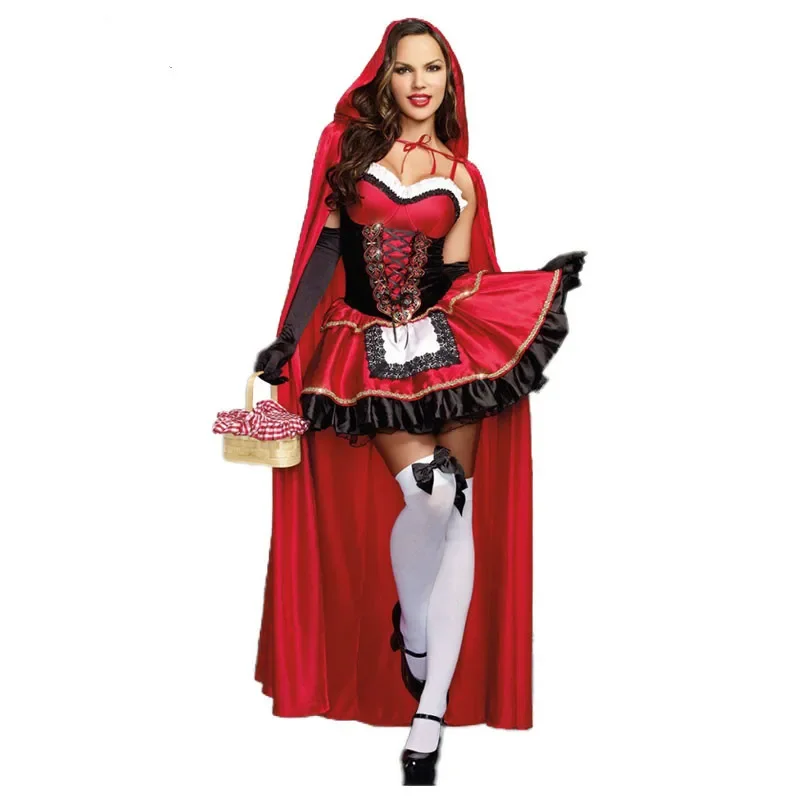 Kleine rote Reit haube Kostüm für Frauen Phantasie Erwachsenen Halloween Cosplay Fantasia Karneval Märchen plus Größe Mädchen Kleid Umhang