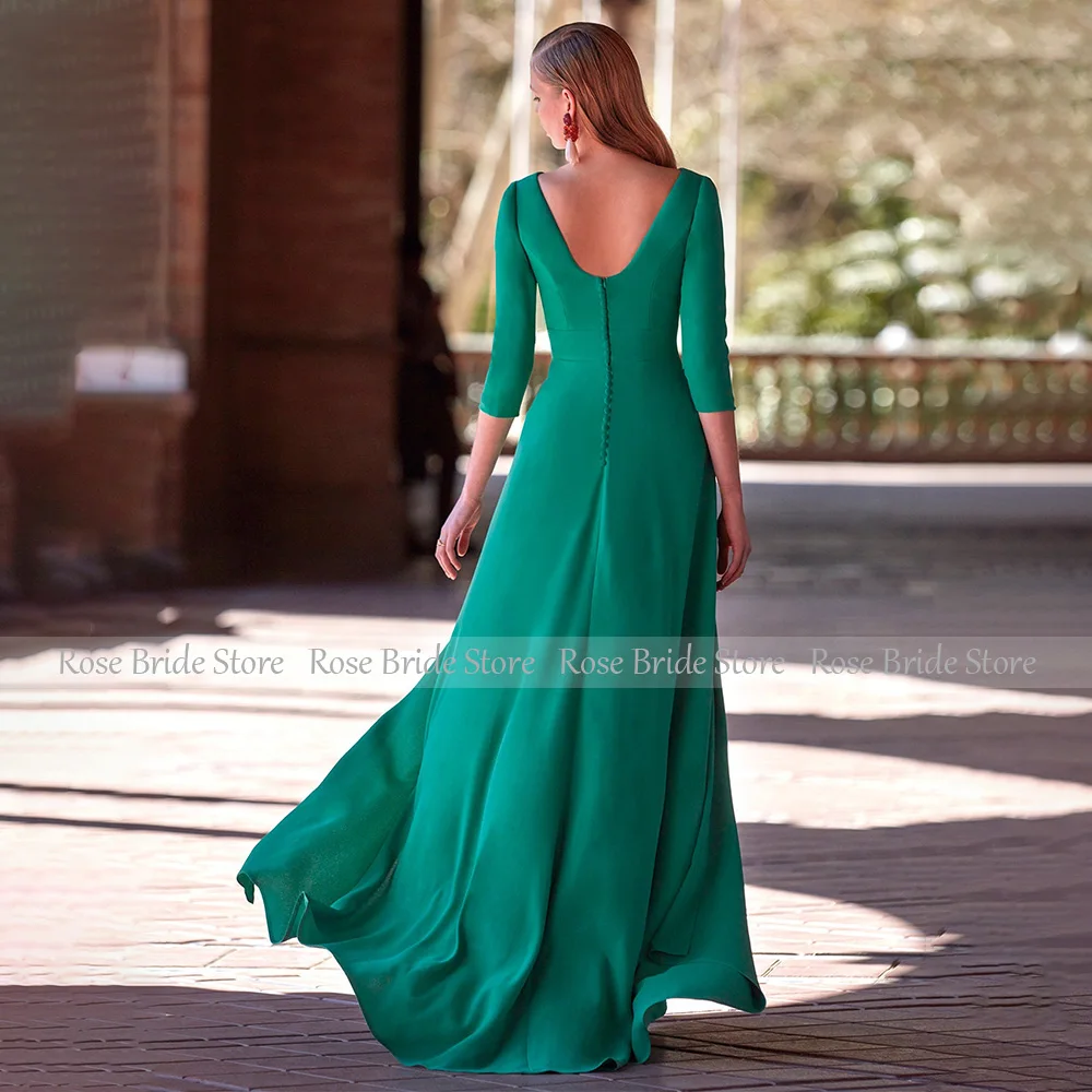 Elegant Wedding Party Dresses for Women 2024 3/4 Sleeves A Line Evening Gowns Long Boat Neck Backless Split Green Evening Dress