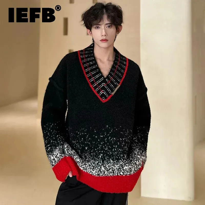 IEFB Contrast Color Men's Pullover Sweaters Korean Trend V-neck Male Knitting Pullovers New Stylish Knits Top Spring 2024 9C4140