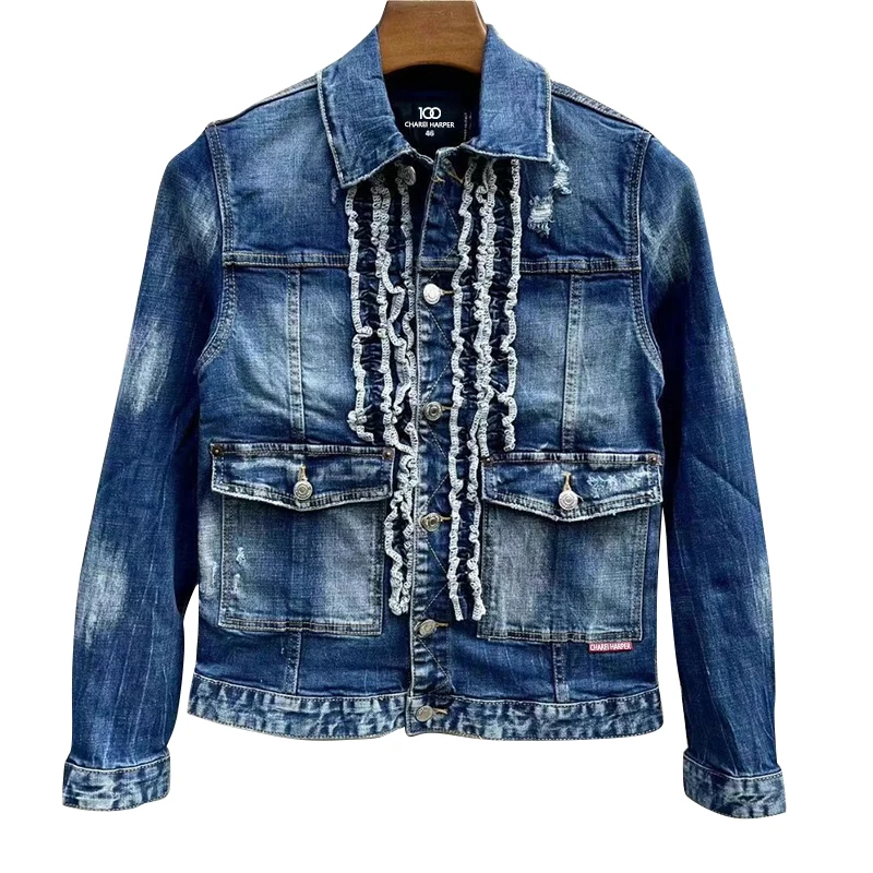 

CHAREI HARPER 2818 Denim jacket men's high quality wash white top Youth hipster men ripped patch denim jacket