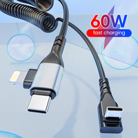 PD 60W Type-c to Type-c +Lightning 2-in-1 Fast charging data cable For iPhone15 huawei Car spring fast charging data cable