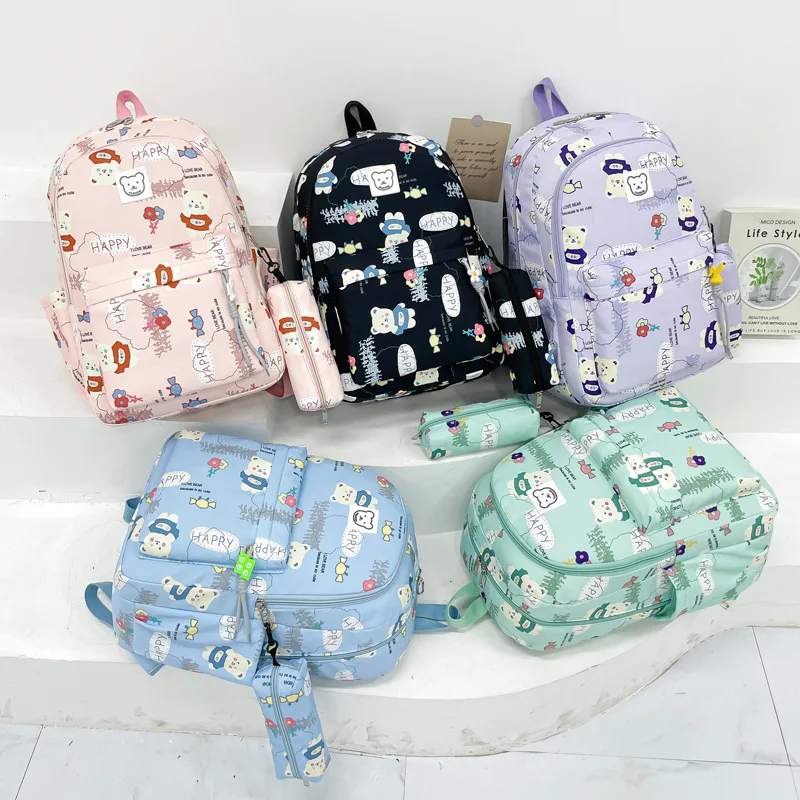 Lindas bolsas escolares con estampado de dibujos animados para adolescentes y niñas, bolsas de gran capacidad para estudiantes de primaria, juego de estuches para lápices, mochilas Kawaii para niños