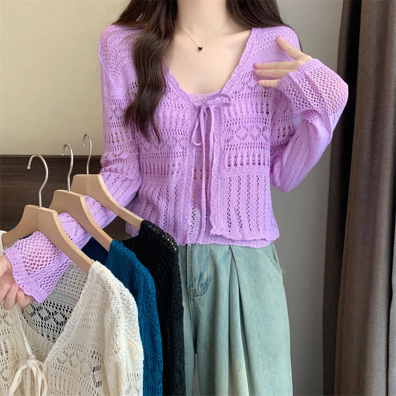 

Summer sun protection hollowed out crochet knit cardigan thin women's suspender+cardigan two-piece set for women