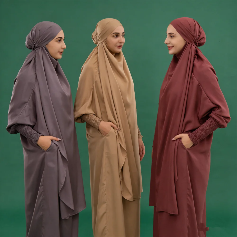 

Комплект для Ид: Джеллаба, атласный хиджаб, платье, химар, одежда для молитвы на Рамадан, мусульманский женский абайя, кафтан, турецкий бурка, исламская джалабия