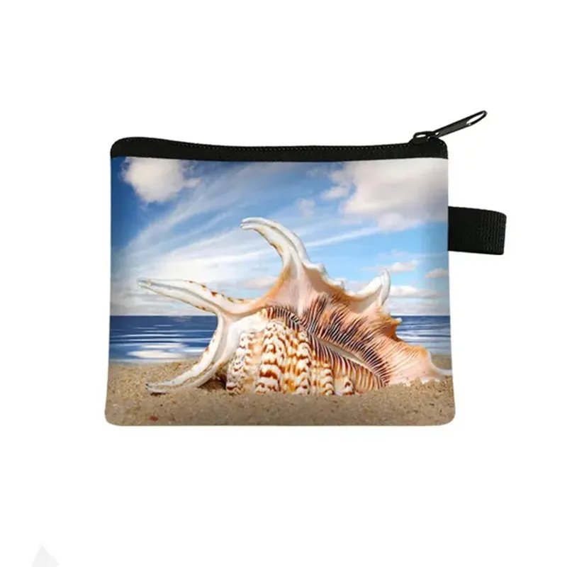 Ocean Beach Coin Purse Ladies Leisure Shopping Coin Bag Starfish Conch 3D Printing Wallet ID Credit Card Bag Girl Coin Case Bag