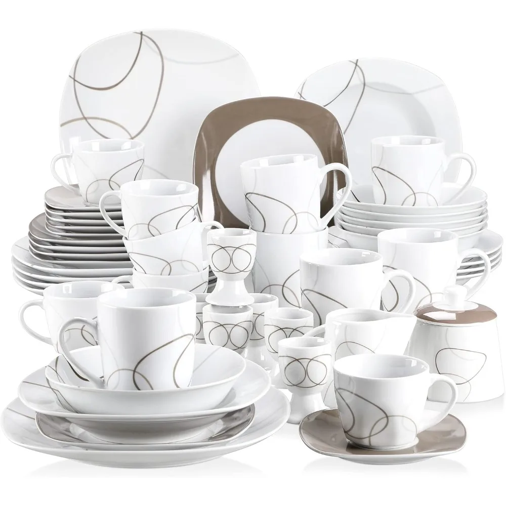 

VEWEET, Series Nikita, 50-Piece Dinnerware Sets for 6, Including Porcelain Plates Sets, Bowls, Mugs, Egg Cups, Cup and Saucer