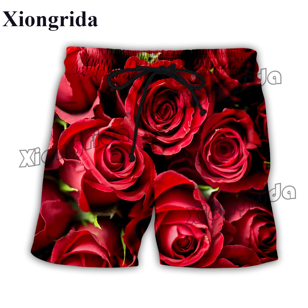 Mens Flower Rose Print Board Shorts 3D High Waist Elastic Waist Casual Shorts Summer Harajuku Swimming Trunk Beach Shorts