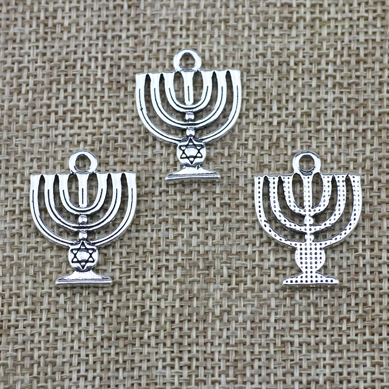 10pcs/Lot 18x24mm Holy Land Menorah Hexagram Charms Antique Silver Color Pendants for DIY Jewelry Making