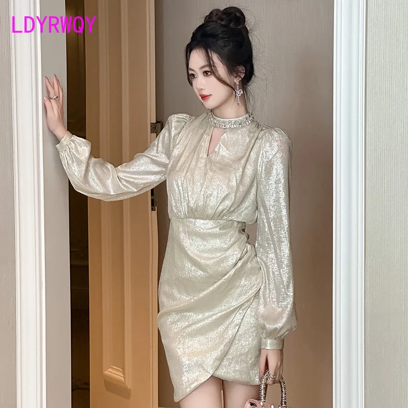 2024 Autumn and Winter New Women's Heavy Industry Diamond Inlaid Round Neck Hollow Waist Irregular Hip Wrapping Dress