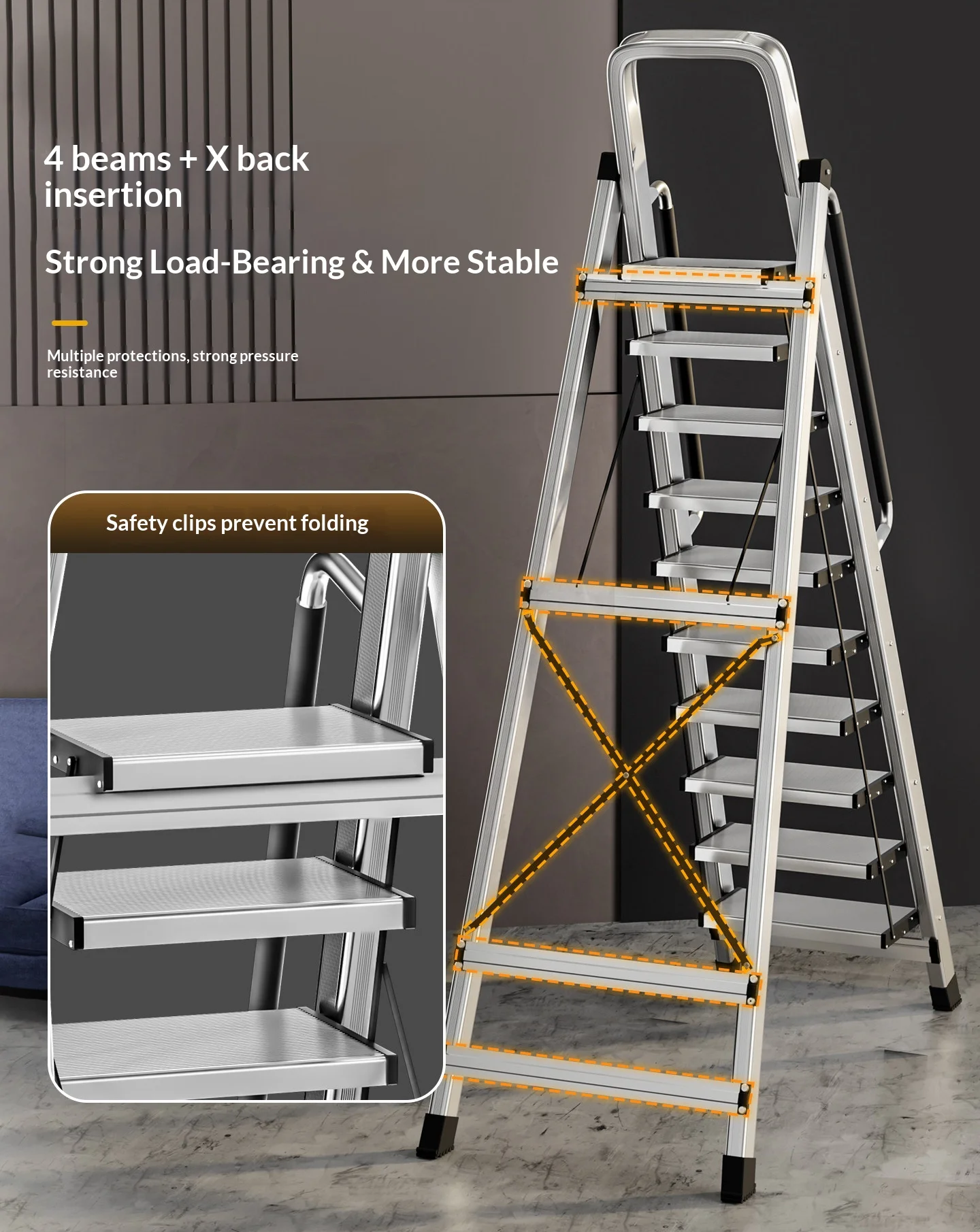 Foldable 10 Step Ladder 1000kg Load Multi-Surface Adaptability 2.93m Stool Chair For Household And Commercial Use