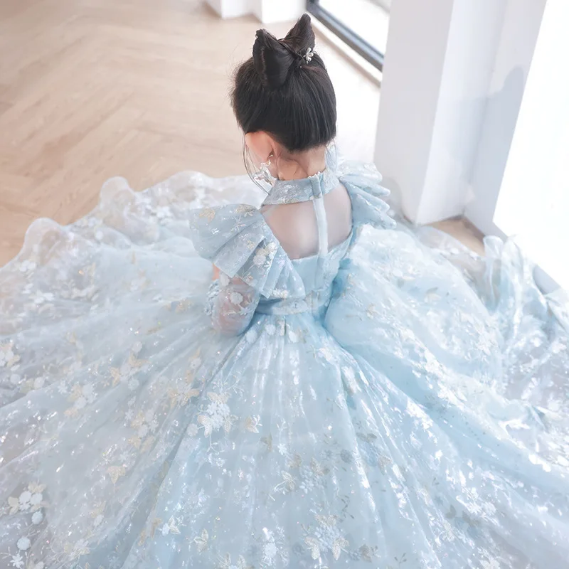 Kids Light Blue Embroidered Dresses for Girls Wedding Elegant Party  Birthday Dress Cute Child Luxury Pageant Long Evening Gowns