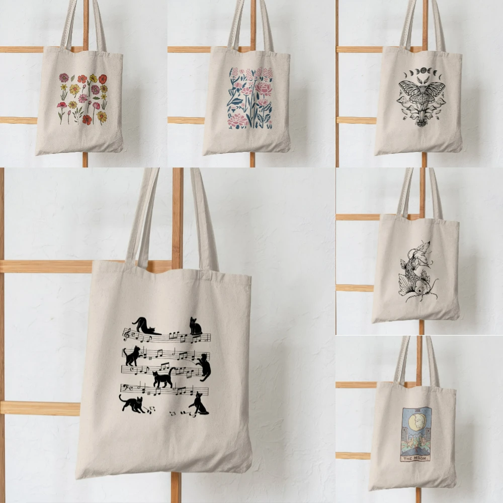 Cute Cat Music Note Canvas Tote Bag, Kitten Playing Sheet Music Print Reusable Shoulder Bag,Cat & Music Lovers Gift