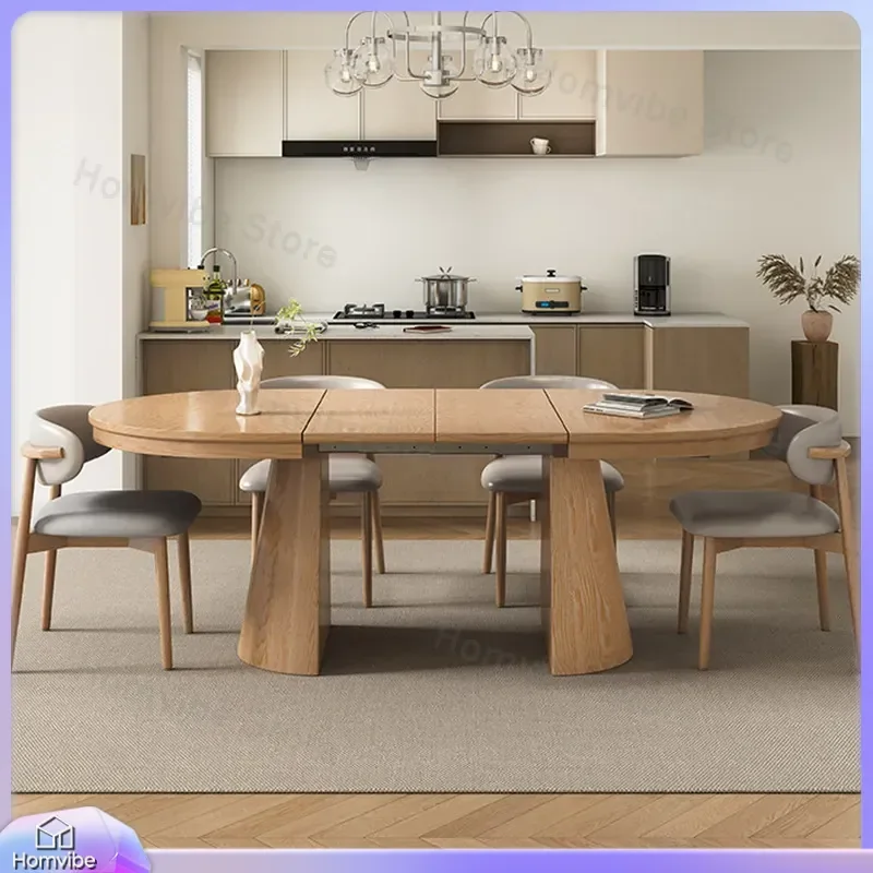 Natural Solid Wood Folding Dining Table Extendable Round Oval Push Pull Desk Japanese Style Space Saving Furniture for Home