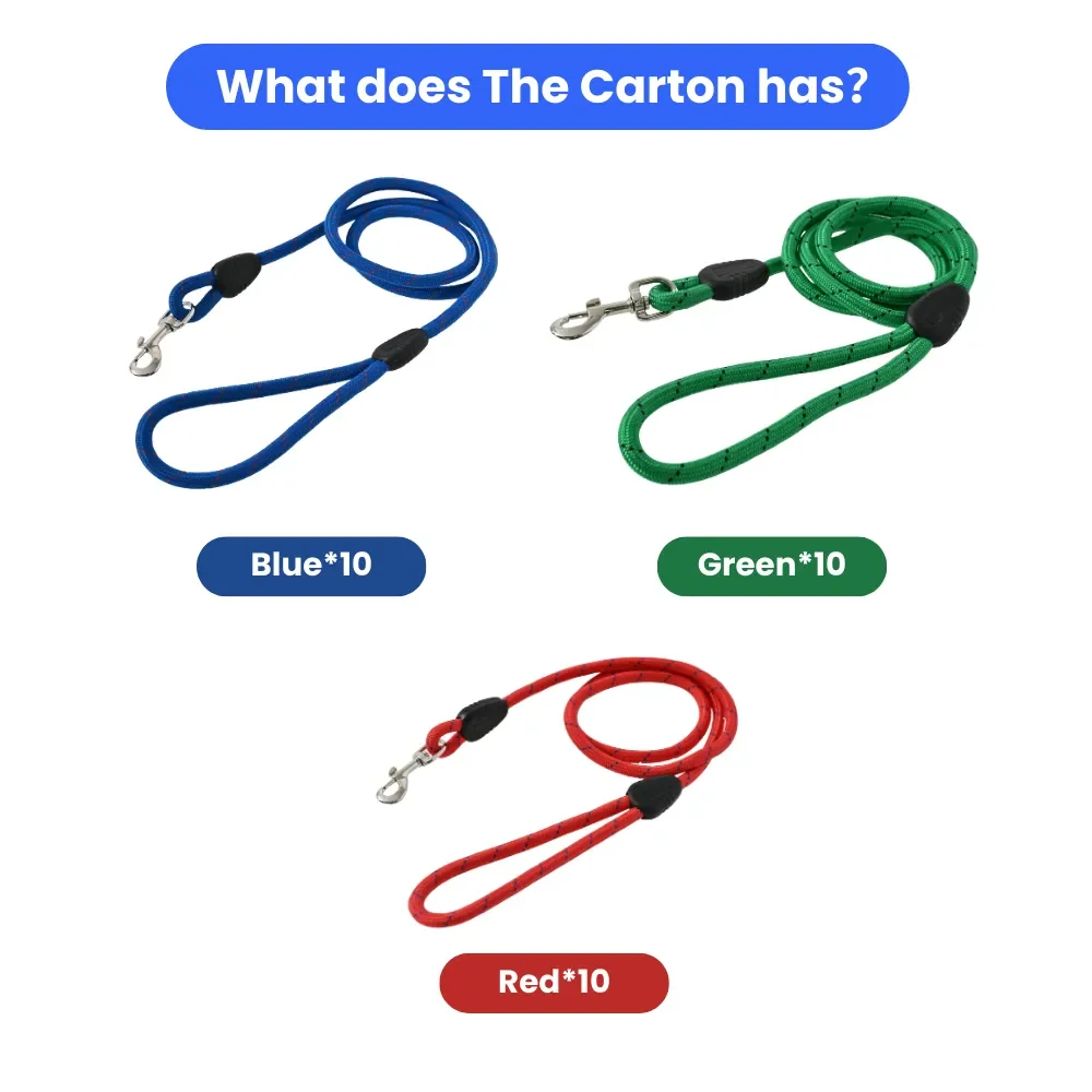 30PCS/Carton 3 Colors Assorted Heavy Duty Braided Nylon Dog Leash Durable Rope Pet Lead with Metal Clasp for Walking Training