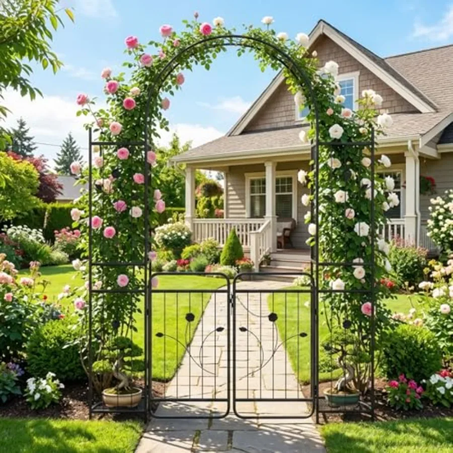 87'' Metal Garden Arbor with Lockable Gate and Planter Shelves for outdoor use, black powder-coated steel, sleek modern design
