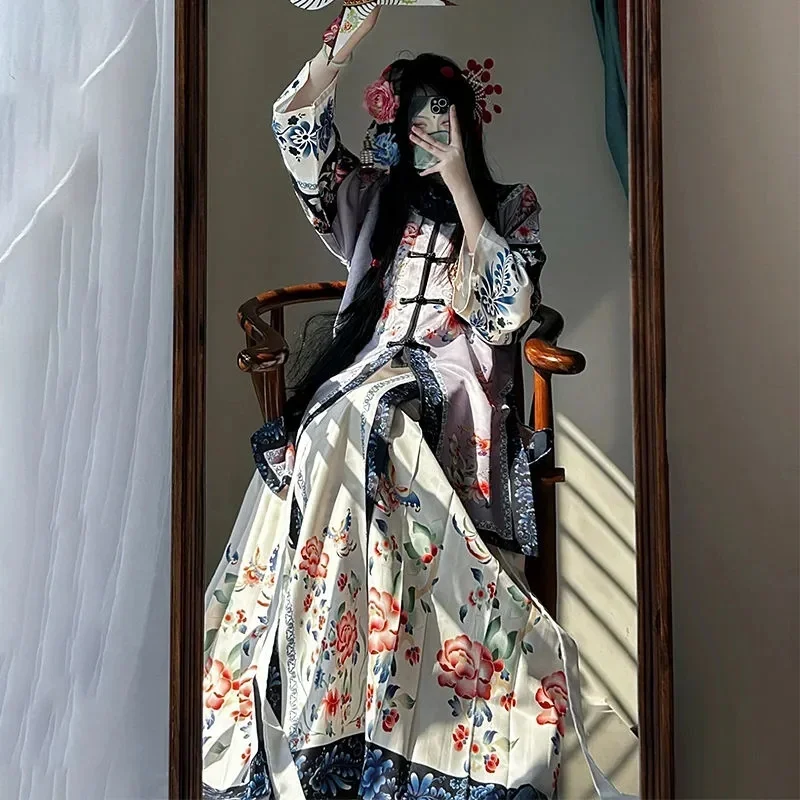 

Оригинальный Qing Han для женщин, реставрация Hanfu, двубортная этническая одежда, тяжелая промышленность, принт с конским лицом, новый комплект династии Цин