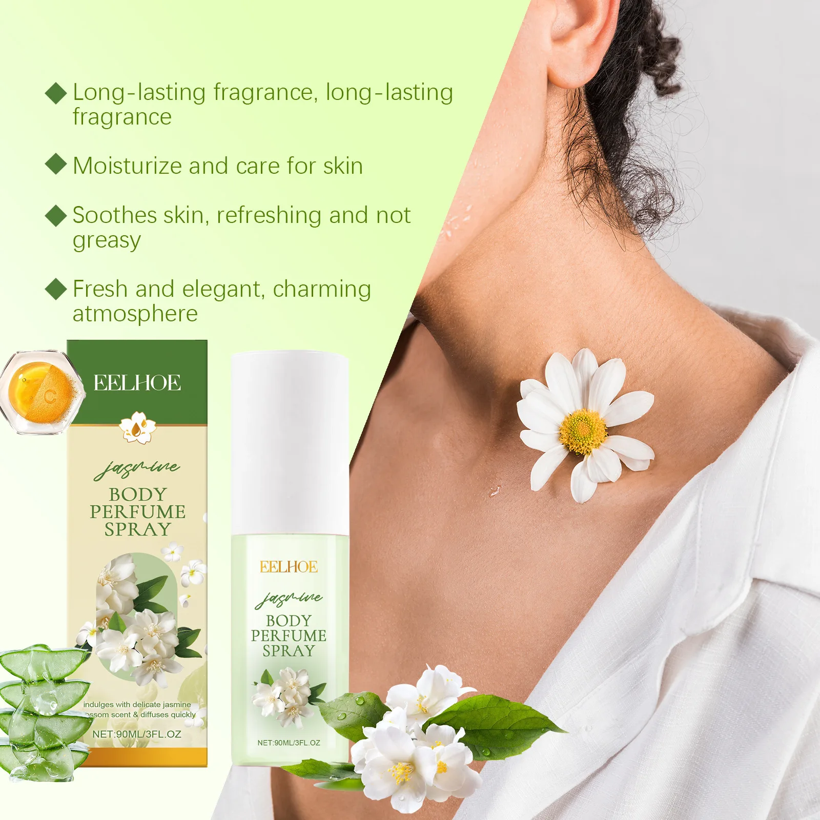 EELHOE Long Lasting Fragrance Body Spray Natural Plant Moisturize Leave Fresh Light Elegant Soft Skin Balminess Body Spray 90ml