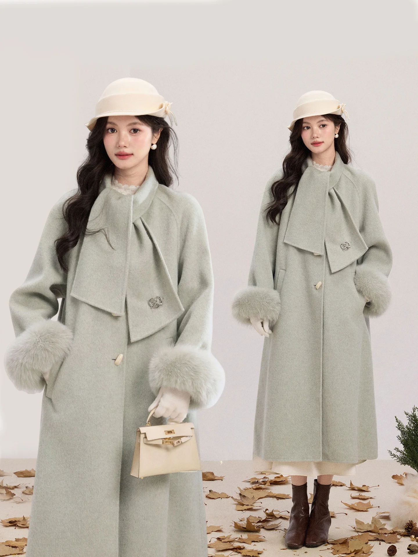 

Southward Deer Snowy Plum Blossom Briti Sle een Double-Faced Woolen Coat Thi Long Women's Winter Faion Outerwear
