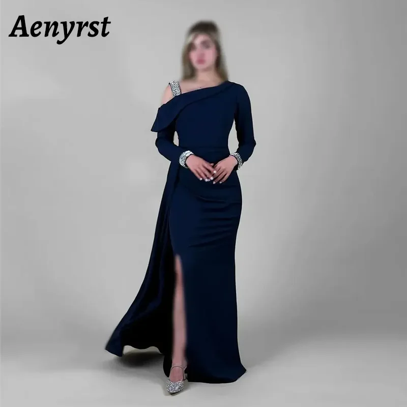 

Aenyrst Elegant Prom Dress Mermaid Women Long Sleeve Party Evening Dresses Beaded Floor Length Side Slit Formal Occasion Gowns