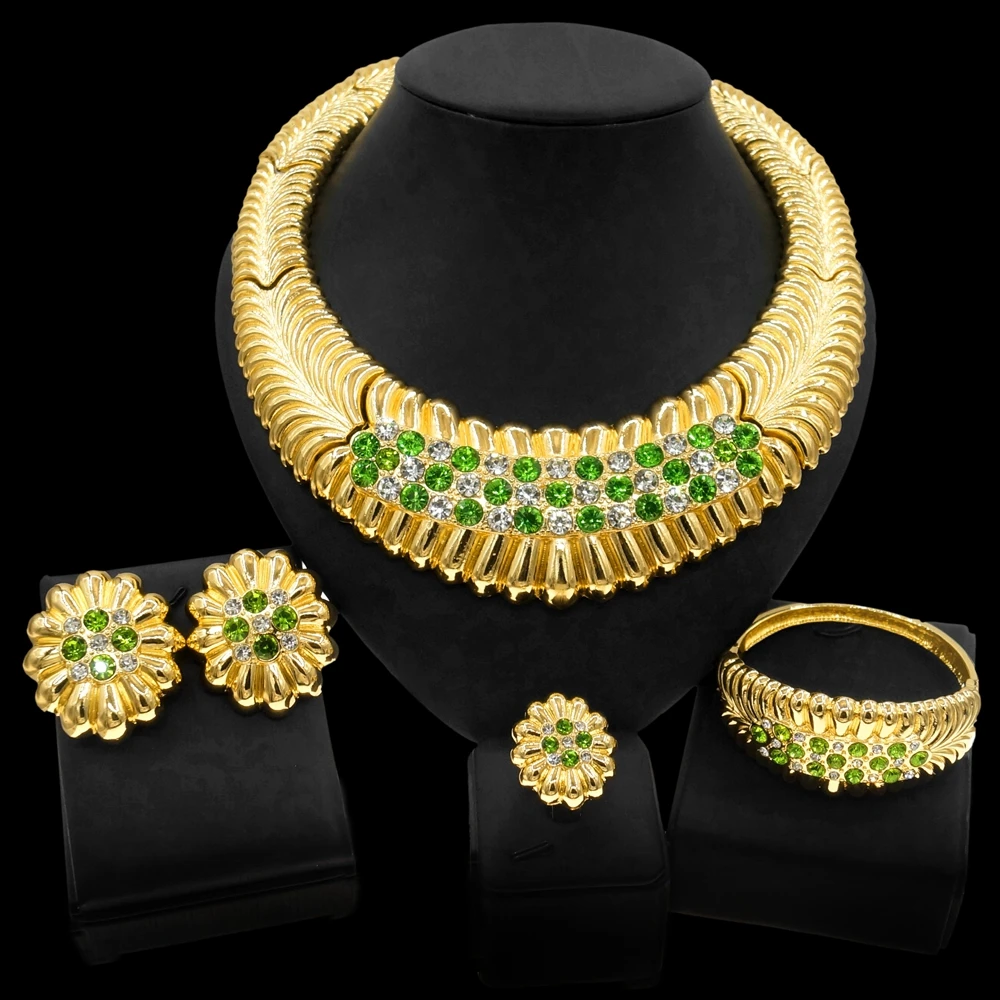 Women Accessories Jewelry Set Necklace Earrings Bangle Ring Green Stone