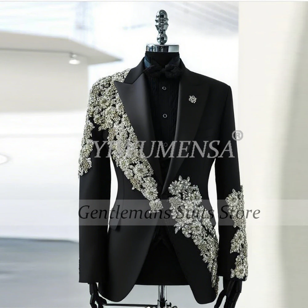 

Exquisite Beading Stones Wedding Suits For Men 2 Pieces Sets Single Breasted Prom Blazers Customized Man Business Party Tuxedos