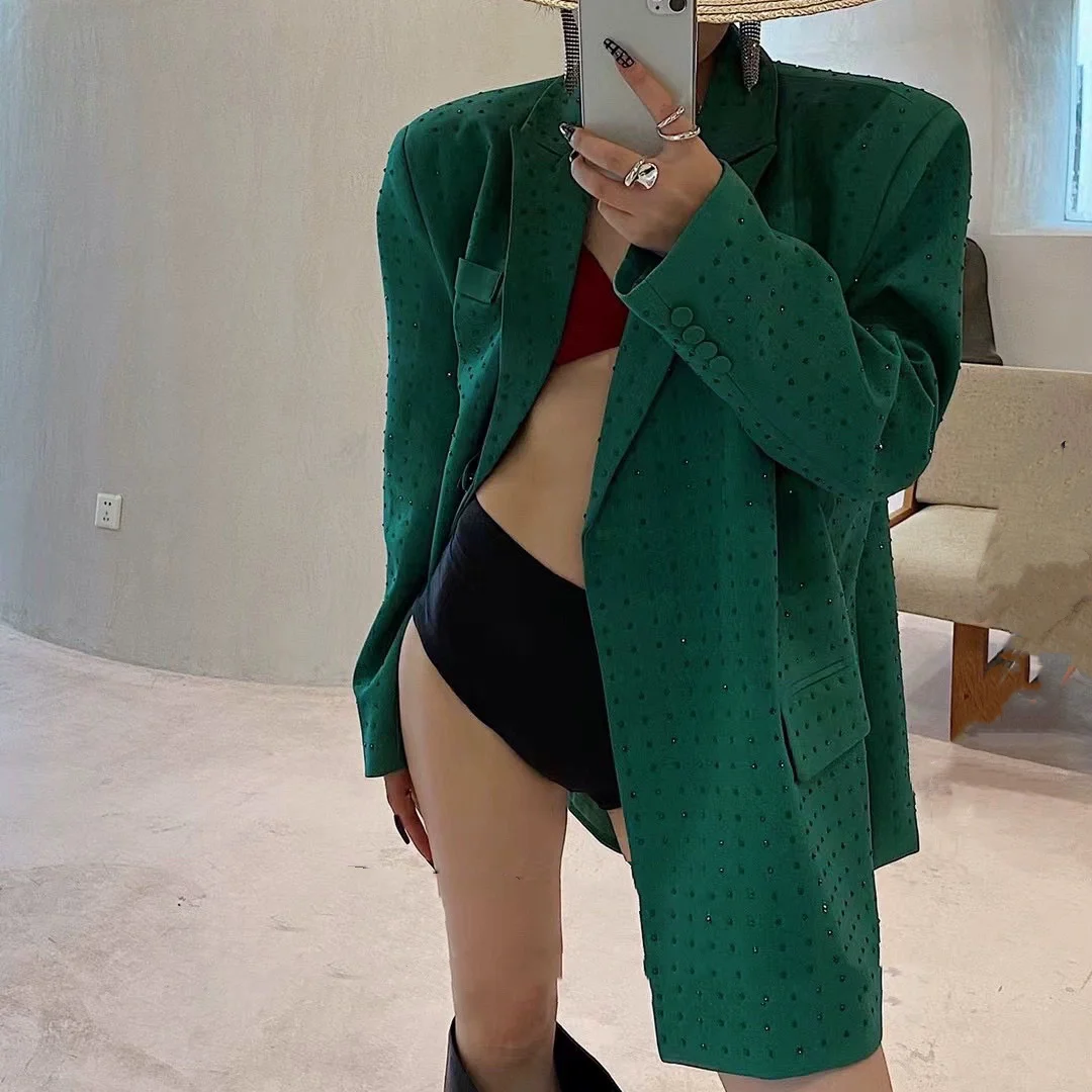 

Fashion Green Oversize Blazer Suit Loose Jacket Long Sleeve Stylish Rhinestones Coat with Pockets Party Street Outwear